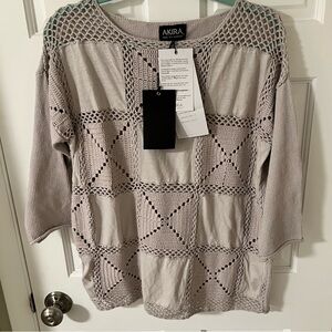 AKIRA Crochet Knit 3/4 Sleeve oversized Boho Top/Sweater 100% cotton Taupe Small